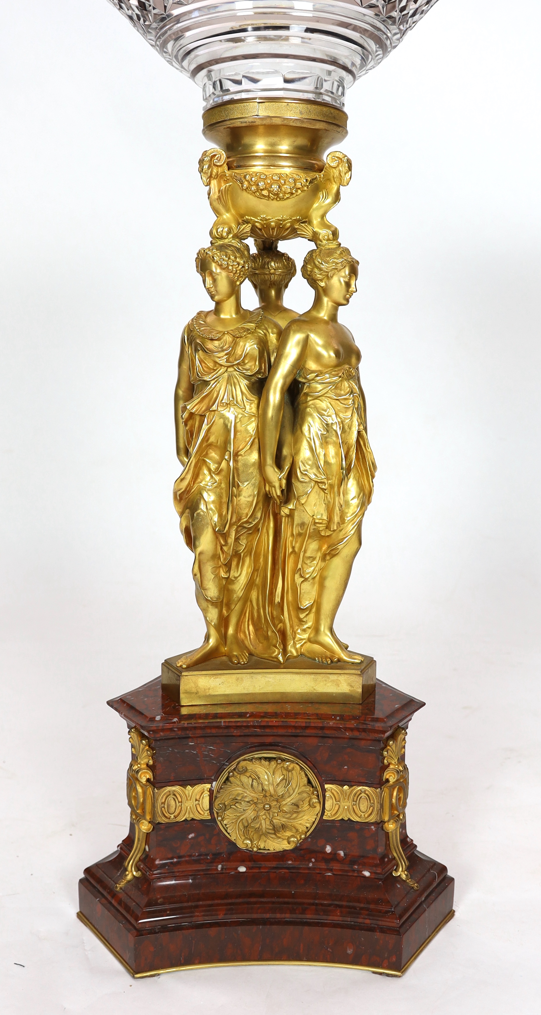 After Pierre-Philippe Thomire (1751-1843), a French Empire ormolu and rouge marble centrepiece 37cm diameter, 97cm high, Please note this lot attracts an additional import tax of 5% on the hammer price